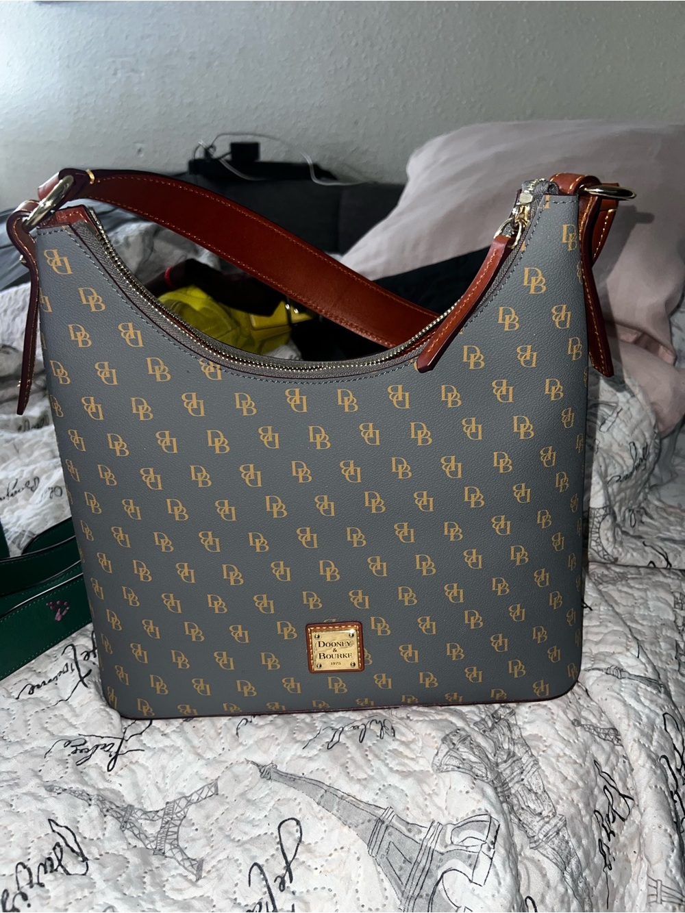 Dooney & Bourke Gray Logo Shoulder Bag with Brown Trim